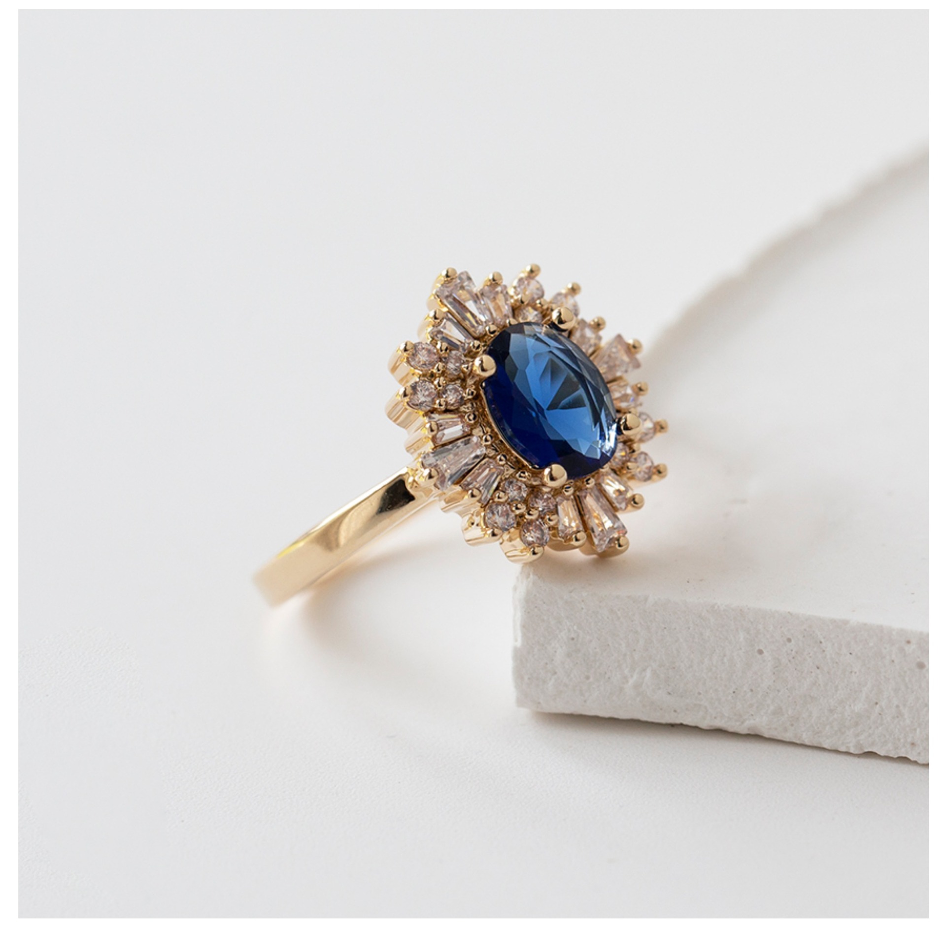 Exquisite Oval Zircon Ring With Sapphire Flower Design Elegant_voghion.com
