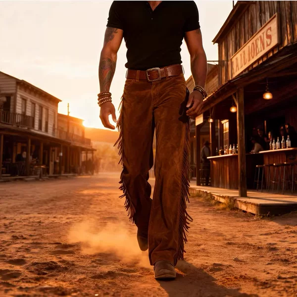 2026 European and American Amazon Cross-Border Men's Retro Western Cowboy Popular Suede Fringe Wide-Leg Pants