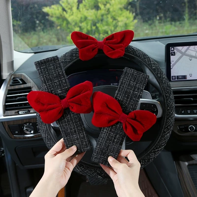 Chanel-style red bow car steering wheel cover, textured and non-slip, suitable for all seasons, women's car interior accessory set