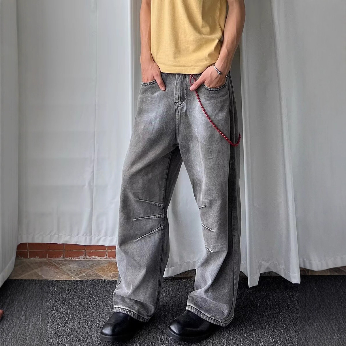 American Vintage Heavy Wash Light Gray Faded Jeans Unisex High Street Loose Fit Wide Leg Straight Pants_mkmklike.com