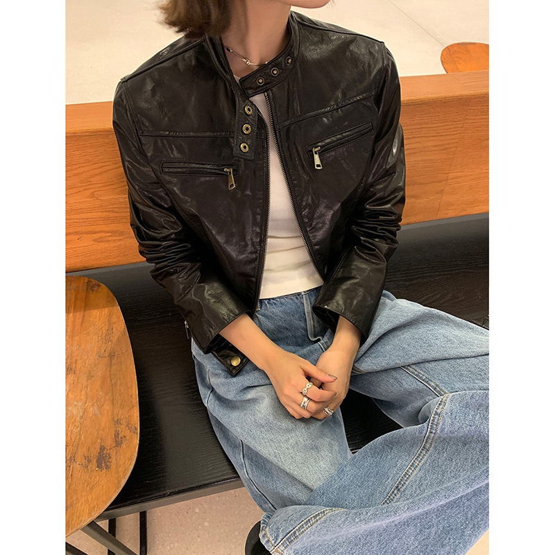 Fifty and Standing "Casual Traveler" Classic American Retro Stand-Up Collar Special Goatskin Leather Motorcycle Jacket New Fifty and Standing "Casual Traveler" Classic American Retro Stand-Up Collar Special Goatskin Leather Motorcycle Jacket New