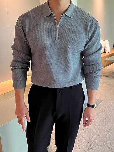 Korean Trend Zipper Sweater Men's Collar Korean Trend Casual Long Sleeve Solid Color Knit Top Coat Fashion