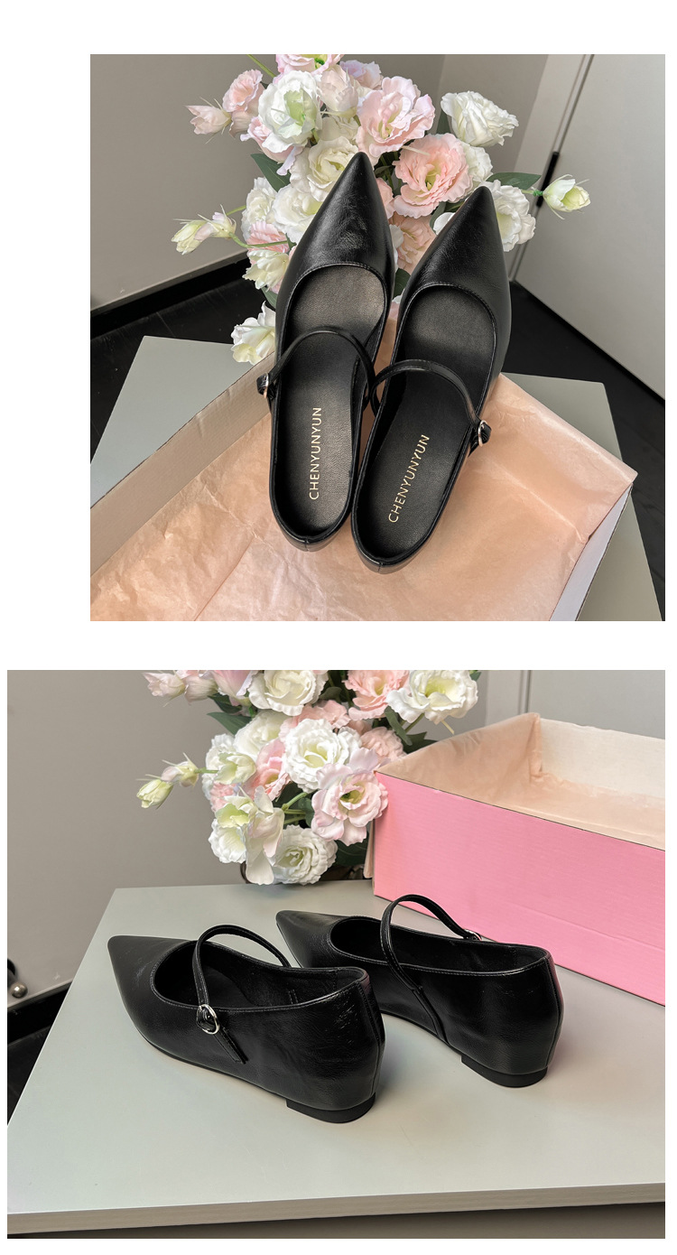 Giày ballet mũi nhọn đế bằng nâng cao bên trong, miệng nông, phong cách thanh lịch mùa xuân thu — đen chi tiết 26