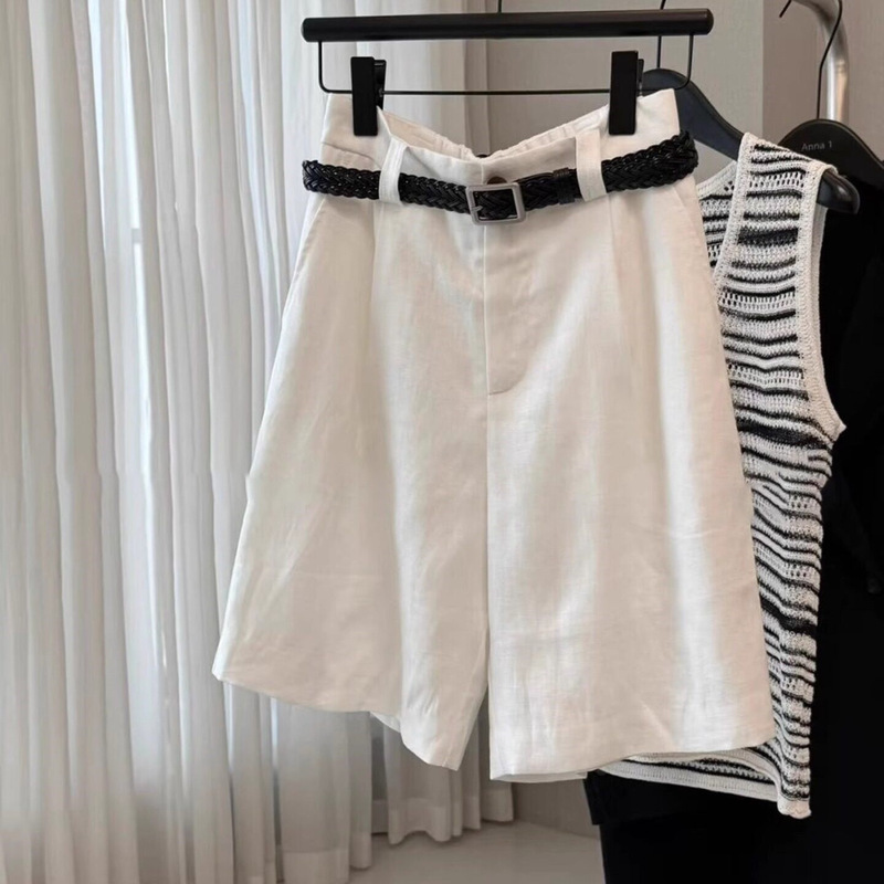 White Linen Shorts for Women, Summer New Style, Plus Size, Petite, Slimming, Loose, Casual, Versatile, Wide-Leg, Knee-Length Shorts