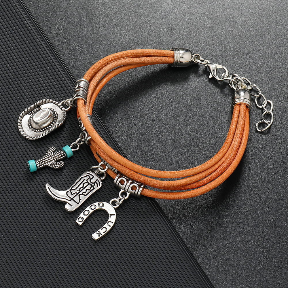 Retro Cross Leaf Notes Pu Leather Alloy Plating Unisex Bracelets display picture 3