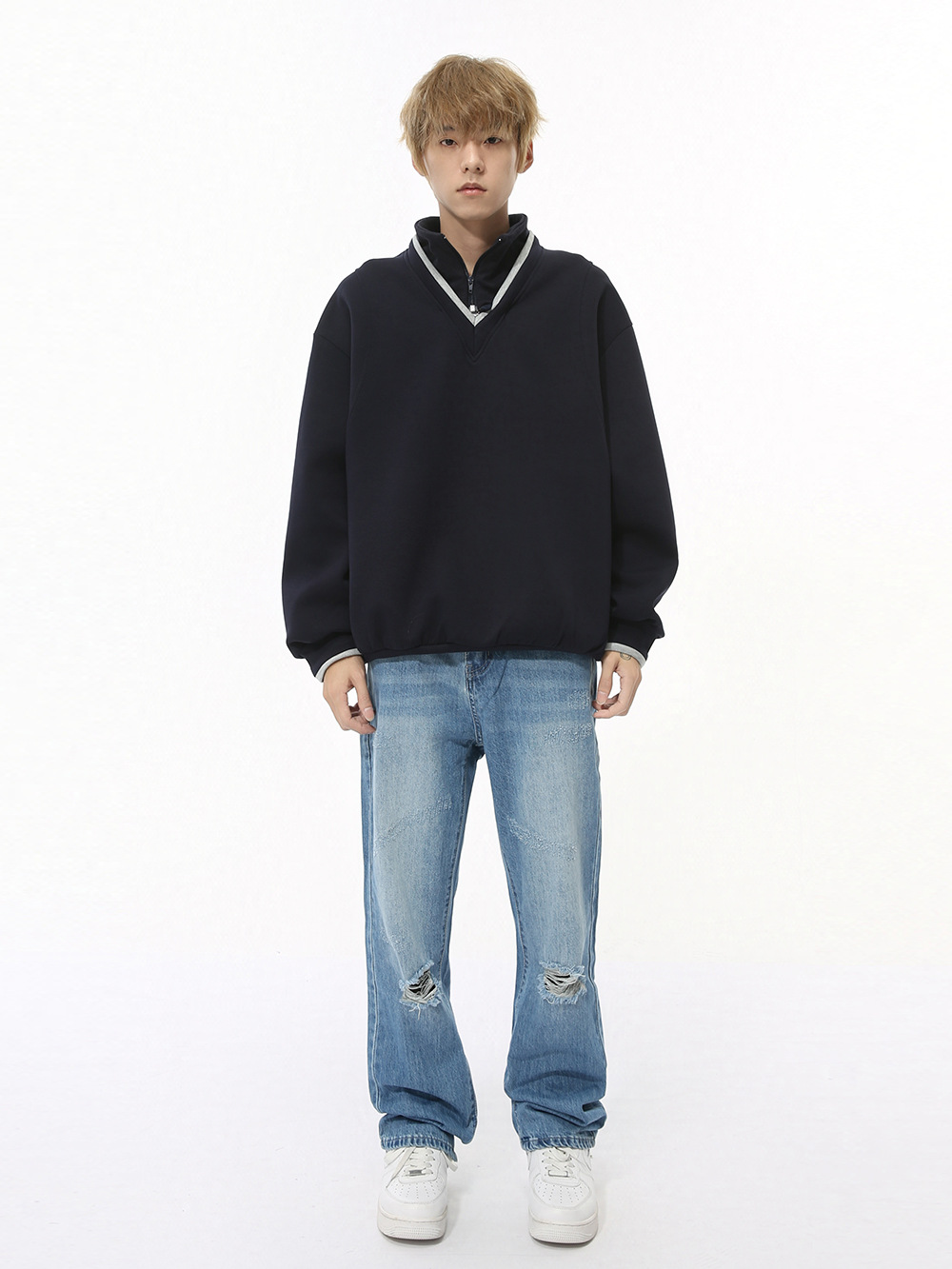 MTLCLOTHES Hombres| Otoño coreano ins básico simple agujero diseño retro jeans recto