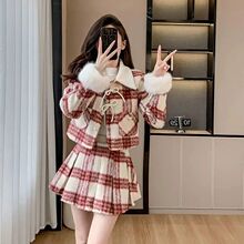 今年流行小香风时尚套装加棉红色格子女冬装小个子百褶裙两件套