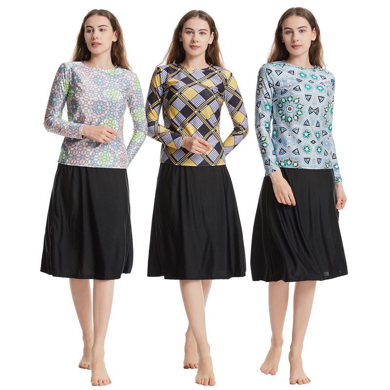 Factory Ready Stock Women's Swimwear, Long Contrasting Color Skirt-Style Sleeves, Conservative Swimsuit, Beach Travel Sun Protection Women's Clothing