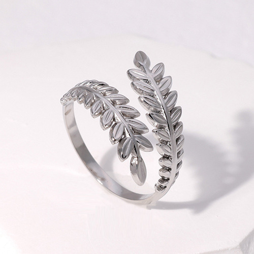Cross-border leaf-shaped open titanium steel ring for women, simple and cool style, adjustable index finger ring, small fresh personalized ring