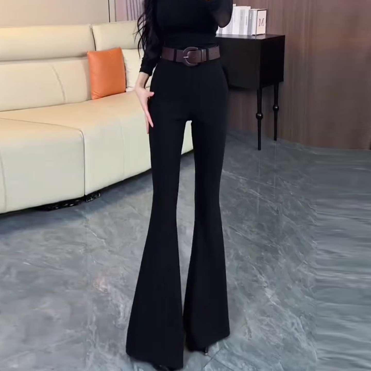 Black Flared Suit Pants for Women 2025 Autumn New Slim Fit High-End Drape Floor-Length Non-Tight Flared Pants