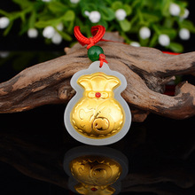 金镶玉福袋吊坠 天然和田玉镶足金 进宝福袋挂件 4D硬金福袋 批发