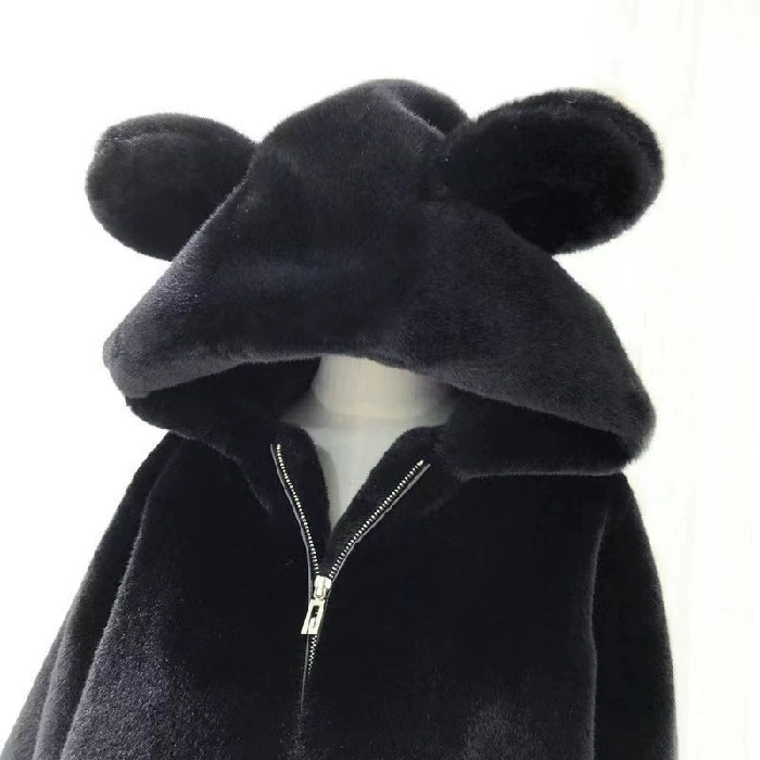 Velvet hooded mid‑length jacket, cute bear ears, thickened winter hoody
