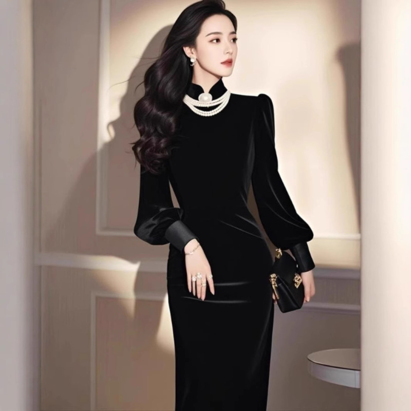250039 Spring Elegant Banquet Dress Light Luxury High-end All-match Super Good-looking Black dress Women 250039 Spring Elegant Banquet Dress Light Luxury High-end All-match Super Good-looking Black dress Women