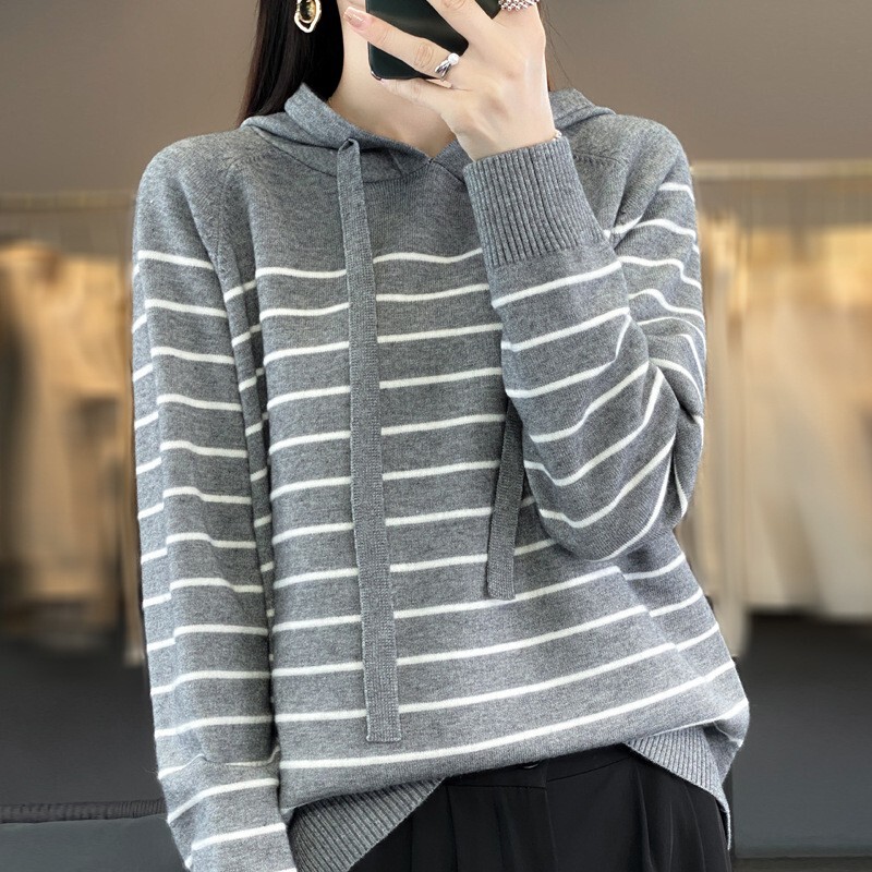 New Hooded Striped Exquisite All-match Sweater Women's Loose Casual Hoodie Korean Style Casual Base Sweater