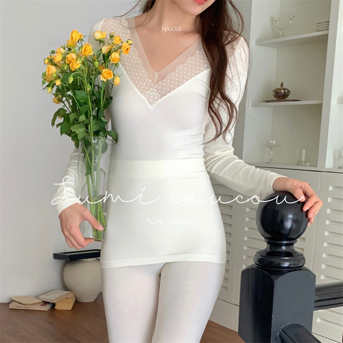 Women's Autumn Clothing Suit Autumn Pants Body Bottoming Sexy Thin Lace Bottoming Shirt Autumn and Winter Warm V-neck Slim Fit