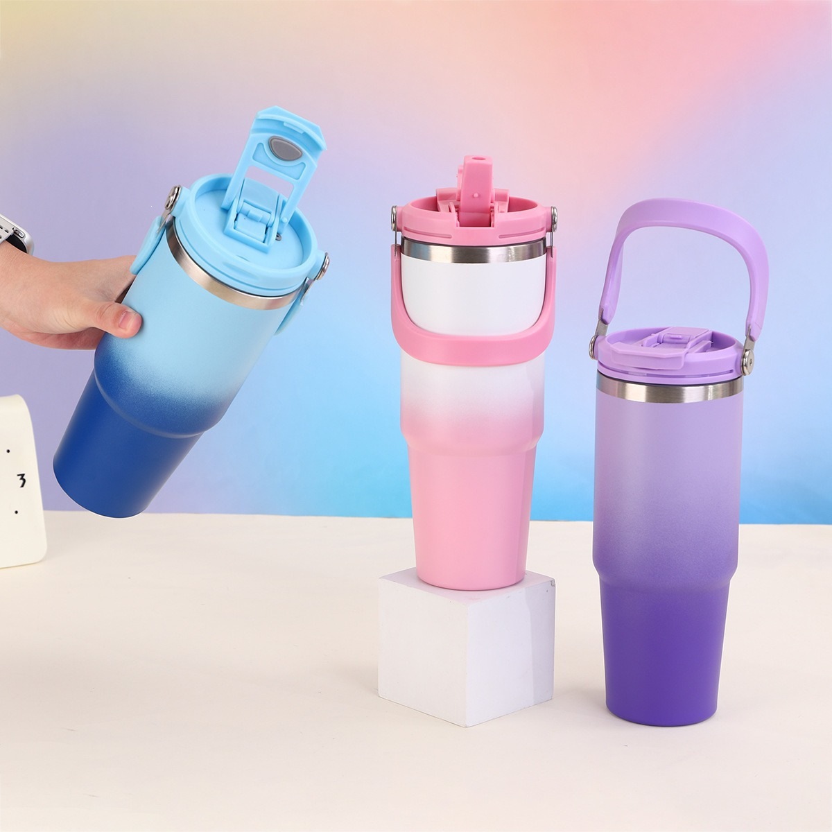 Explosión transfronteriza gradiente 30oz taza de automóvil portátil de gran capacidad con paja 304 taza de aislamiento al vacío de acero inoxidable