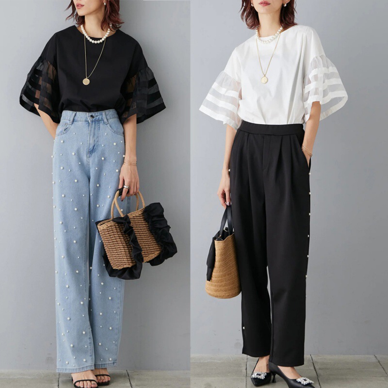 Japanese Summer New Trumpet Sleeve Loose Fashion Stitching Chiffon Shirt Women's Denim Pants Fashion suit