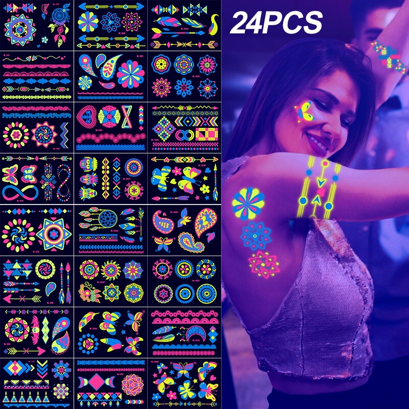 Amazon Fluorescent Tattoo Stickers Neon Glow Face Stickers Nightclub Bar Makeup Face Stickers Eyebrow Stickers Set Wholesale