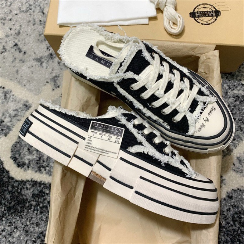 2025 New Wu Jianhao Style Canvas Shoes White Chanel-Inspired Distressed Shoes Unisex Casual Height-Increasing Slip-On Shoes