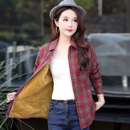 New fashionable casual velvet thick lapel plaid shirt loose slimming temperament all-matching long-sleeved coat top