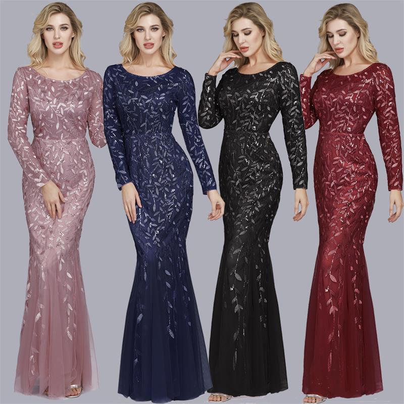 Cross-Border 2026 Banquet Host Amazon European and American Slim-Fit Mesh Shiny Long-Sleeve Evening Gown Mermaid Dress