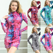 跨境欧美女装长袖半高领印花修身款清新少女连衣高腰显瘦欧美风