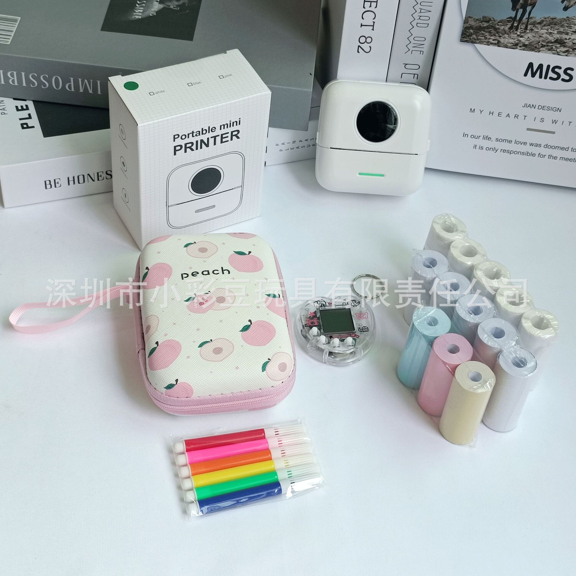 X5 흰색 + 감열지 5개 + 접착지 5개 + 색종이 3개 + 색펜 + 가방 + 전자 애완동물