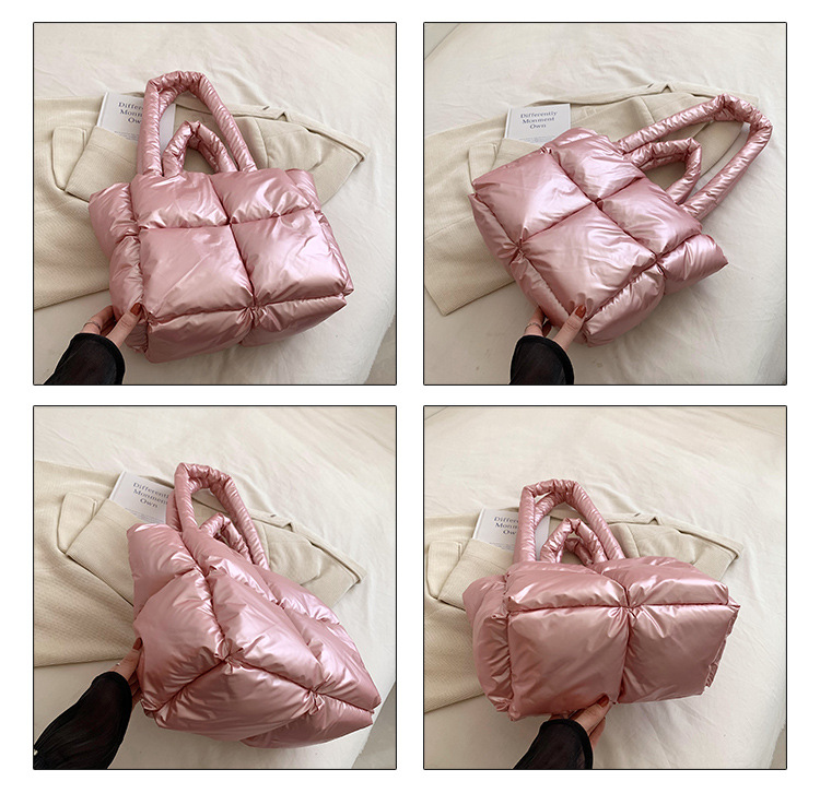 Down Bag Women Fashion Large Capacity Tote Bag High grade Shiny Handbag Simple Checkered Cotton Bag Shoulder Bag_voghion.com