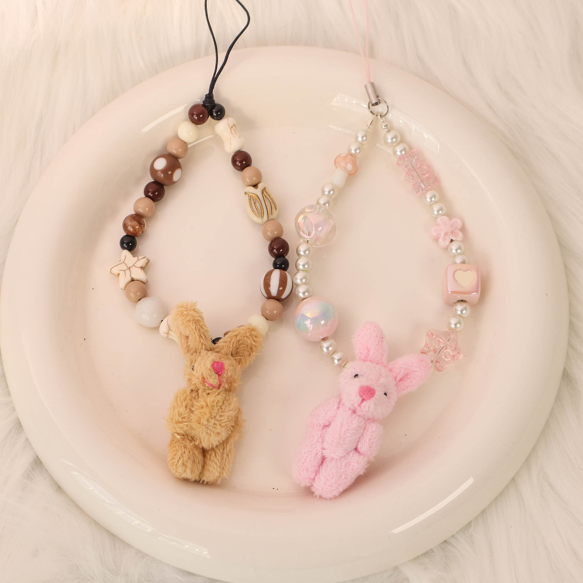 Woo original Rosa marrón conejito conjunto Cadena de teléfono móvil nicho ins estilo teléfono móvil cuerda Rosa marrón conejo CCD Cámara cadena