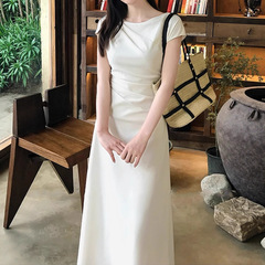 [清雅美術学生]気質知的シンプル半袖ドレスレディース夏ロングショートスカート