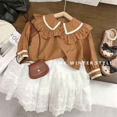 女童套裝春秋款新款兒童洋氣翻領襯衫春季韓版白色森系半身裙外貿