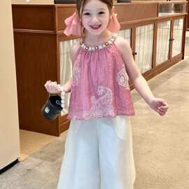 抽褶镂空公主2026风雪两件套挂脖背心女童新款夏季洋气纺粉色上衣