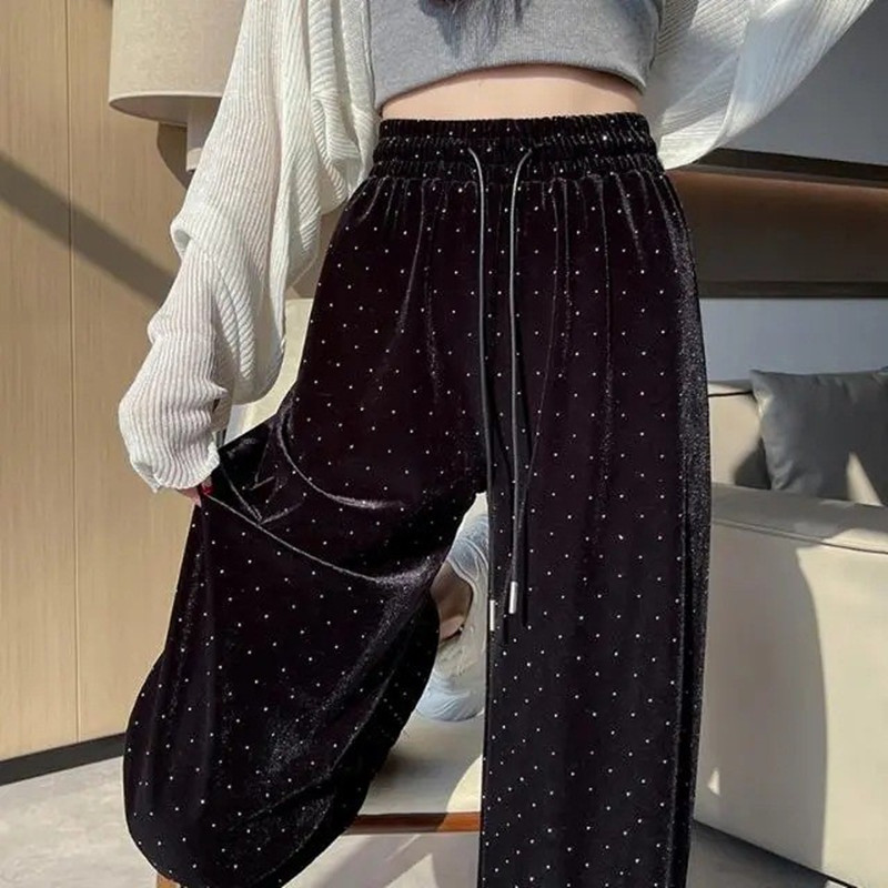 Gold Foil Printing Velvet Wide-Leg Sweatpants for Women Korean Style Autumn and Winter Loose High-Waisted Drape Straight Pants