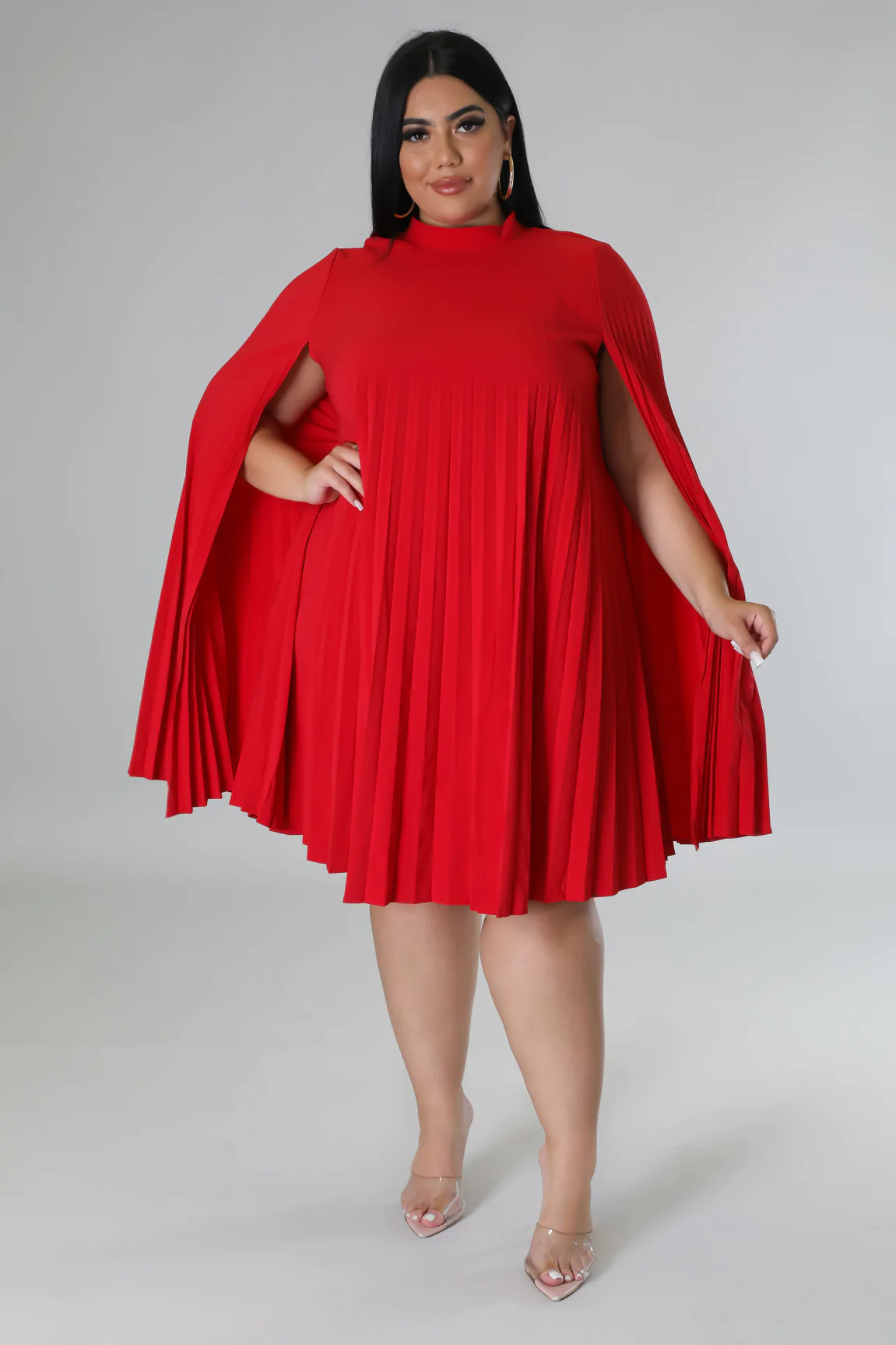 Fashion Solid Color Round Neck Long Sleeve Patchwork Polyester Plus Size Knee-Length Pleated Skirt