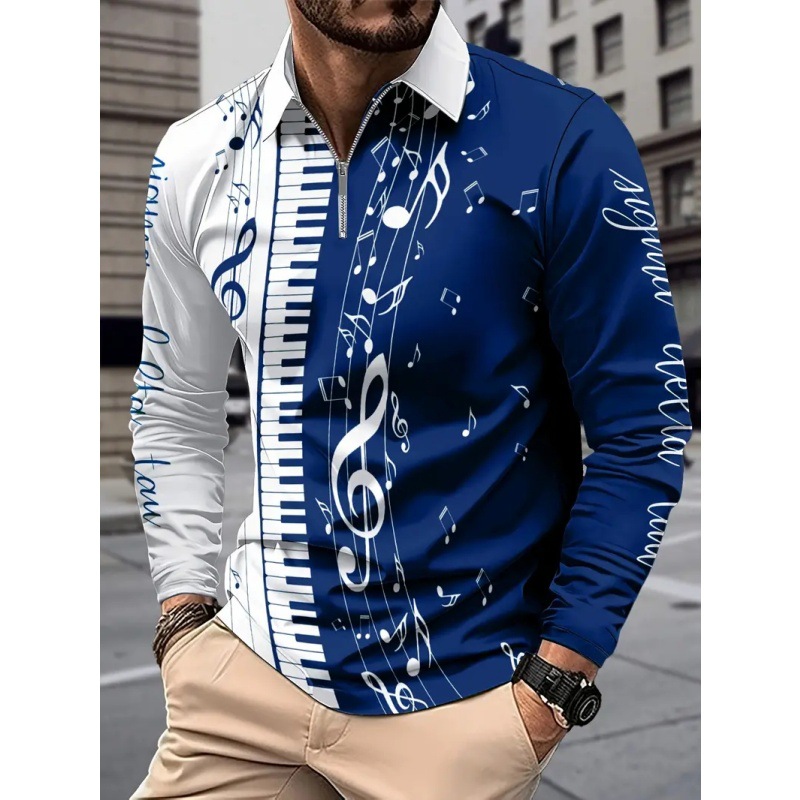 Venta caliente arte piano nota 3D impresión primavera y otoño hombre manga larga solapa suelta hombro cremallera camisa POLO