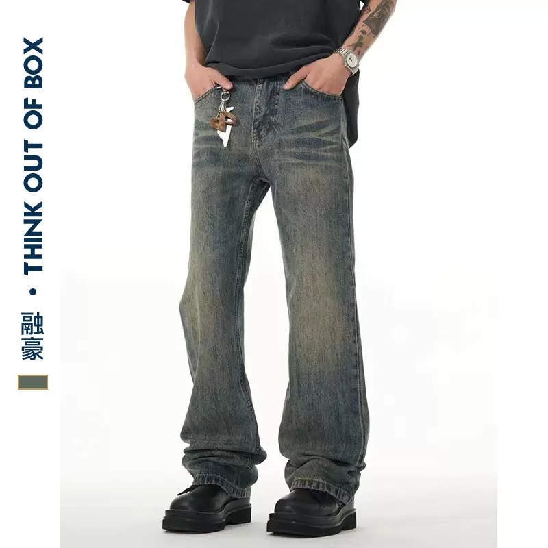 微喇男款长裤水洗做旧春款淡蓝色牛仔裤男式直筒宽松厂家现货代发