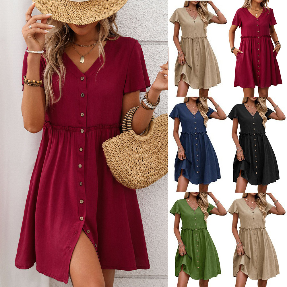 2025 Summer New Amazon Women's Bohemian Vacation V-neck Short-sleeved Ruffled dress Women