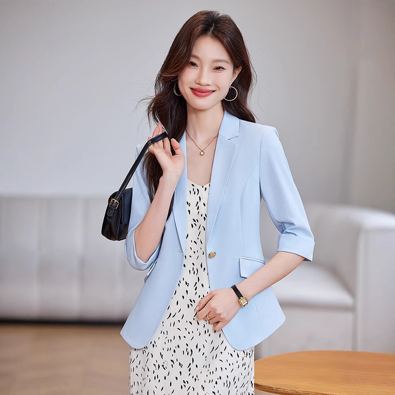 Blue Blazer for Women 2025 New Summer Style Simple Versatile Women's Three-Quarter Sleeve Slim Fit Work Suit Jacket