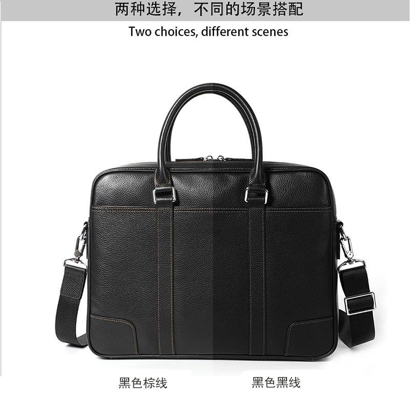 Túi xách công sở nam da bò thật dạng ngang đựng laptop 14 inch 39×28×8 cm — Màu đen dây nâu, Màu đen đường đen chi tiết 5