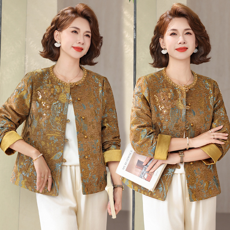 Mother's Autumn Outfit: Traditional Embroidered Jacket for Middle-Aged and Elderly Women, New Spring-Autumn Style, Elegant Round-Neck Jacket with a High-End Feel Mother's Autumn Outfit: Traditional Embroidered Jacket for Middle-Aged and Elderly Women, New Spring-Autumn Style, Elegant Round-Neck Jacket with a High-End Feel
