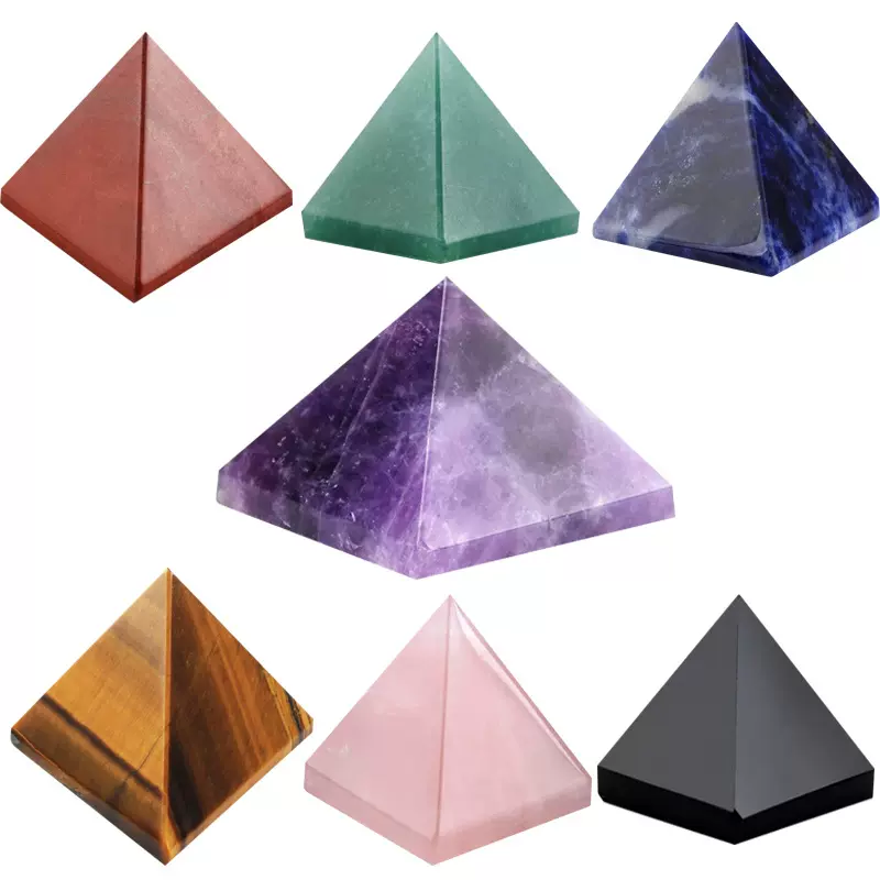 天然白水晶金字塔 紫粉晶蓝纹虎眼石绿东陵金字塔家居能量塔摆件