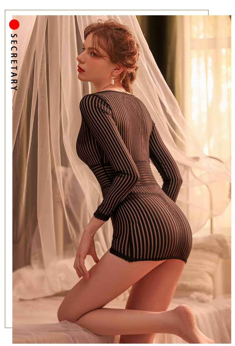 Striped Secretary Roleplay Lingerie Set with Sheer Long-sleeve Top, Mini Skirt and Thong — detail image 12