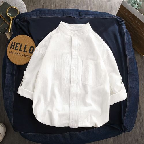 Summer New Men's Short Sleeve Shirt Jacket Korean Style Fashion Cotton Linen Seven-Sleeve Stand Collar Top Pure White Collared Shirt