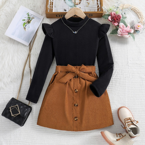 TEMU Spring and Autumn Children's Clothing: Small Flare Sleeve High-Neck Ribbed Long-Sleeved Top + Corduroy Skirt Girls' Suit