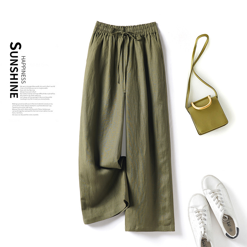 Army Green Cropped Linen Wide-Leg Pants for Women, Petite Size, Thin Style, New Summer Casual Drapey Old Money Style Pants