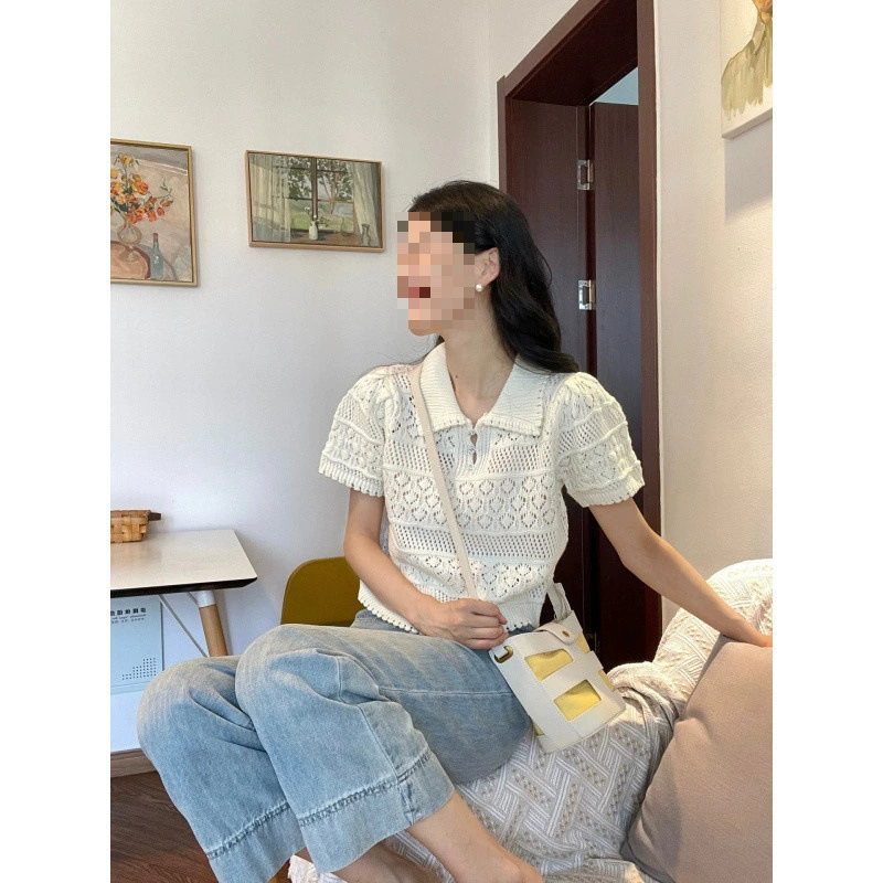 Женская футболка с короткими рукавами и французским воротником-поло D6X, летняя короткая модель с высокой талией и обычными плечами, тонкий трикотажный топ из ледяного шелка с допамином.