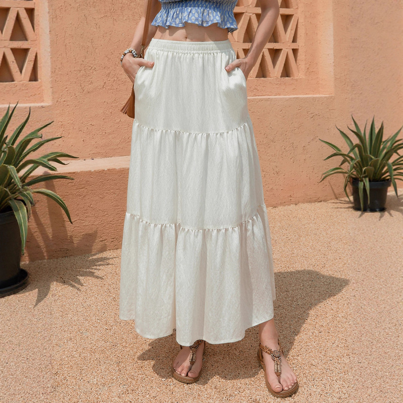 Amazon Women's Cotton and Linen Pocket Skirt High Waist Elastic Band Lining Three-Section Skirt American Fashion Casual Long Skirt