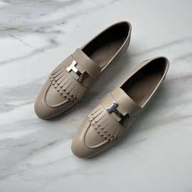 莞产高品质 H春季新款羊皮乐福鞋金属扣气质百搭小皮鞋平底单鞋女