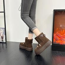 2025新款冬季加绒真皮勃肯短靴女甜美风小熊厚底休闲短筒雪地棉靴