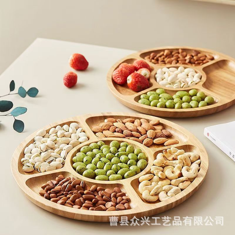 Creative Bamboo Divided Fruit Plate Dim Sum Party Dried Fruit and Peanut Storage Plate Household Wooden Dried Fruit Plate with Five Palace